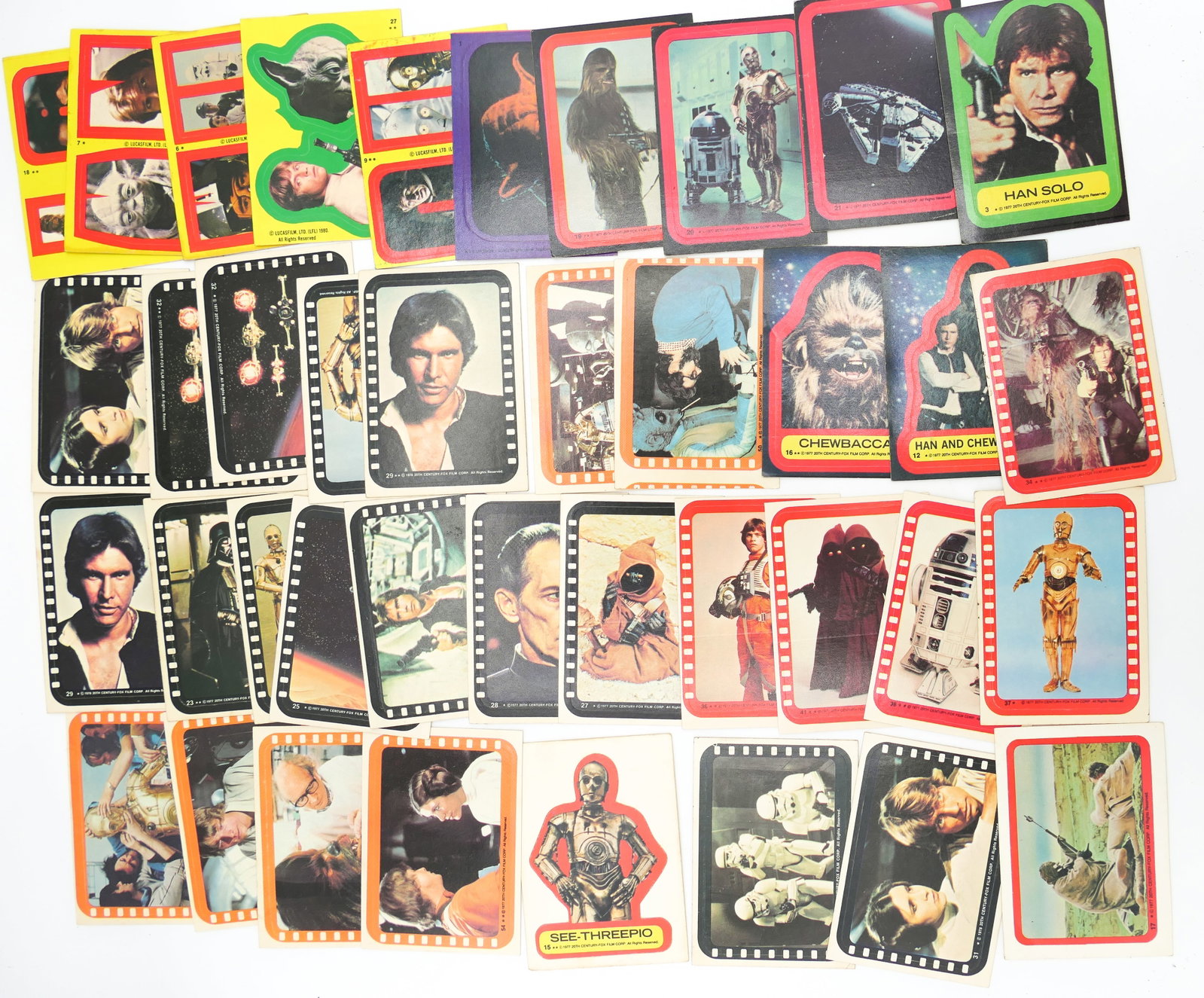 Topps Star Wars Sticker Cards: Forty Topps Star Wars sticker cards including years 1977, 1978 and 1980.