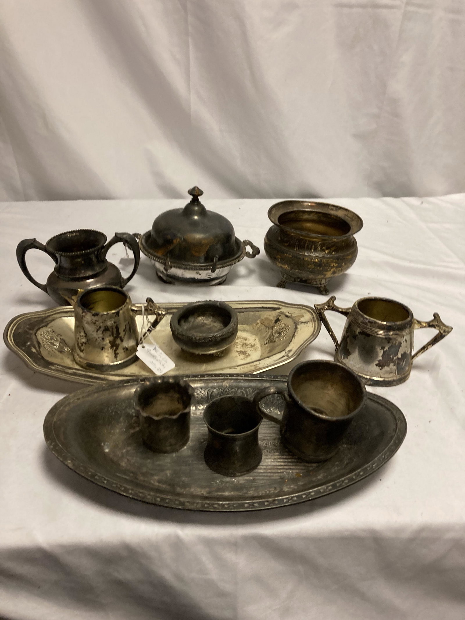 Victorian & Other Silver Plate: Includes Victorian covered butter, open creamers and sugars, a child's mug, various trays and other items.