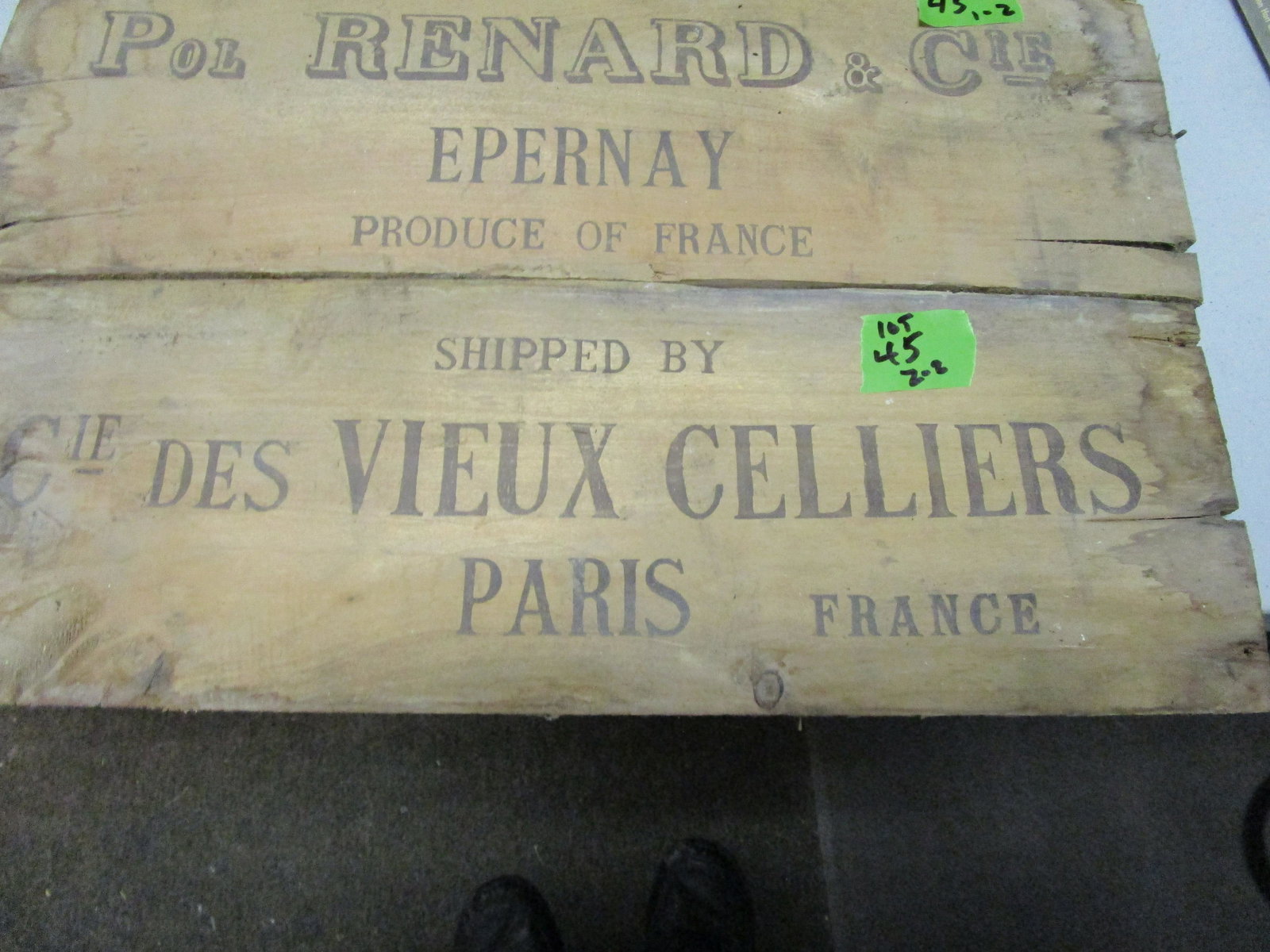 1940s French Wine Crate Advertising (2): Two wooden advertising crate signs. Including Pol Renard and Cie Champagne, and Cie Des Vieux Cellars, Paris. Each measures approx. 7" high and 21. 5 across. Dated approximately to 1940s.