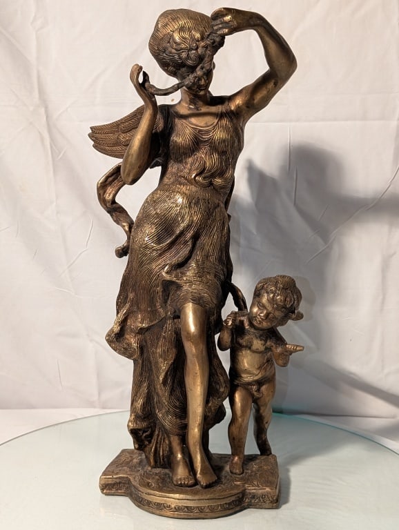 Maiden and Cherub - Bronze, A. Guillot: Maiden and Cherub - Bronze Sculpture, Anatole Guillot (1865-1911). Very detailed, nicely patinated. Felt bottom. Meas. 18"h x 6 1/2"w x 3 5/16"d
