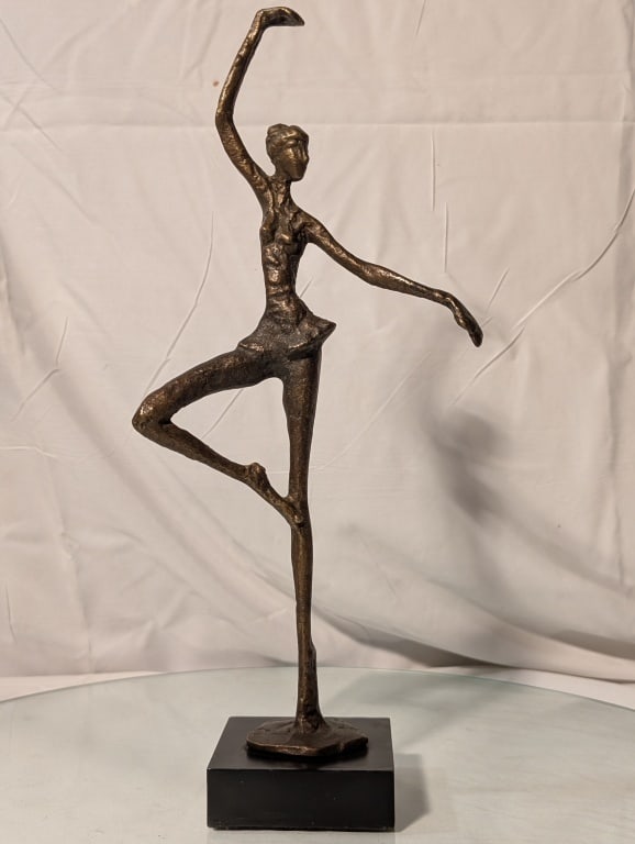 Dance Figure / Ballerina - Bronze, A, Giacommetti: Dancer / Ballerina - Bronze, A, Giacommetti. Degas insprired, modern design. Near mint condition. Meas. 14 1/2"h x 3 1/4"sq. Black wood base. Base shows wear due to age.