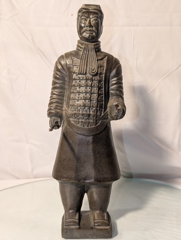 Chinese Qin Shi Huang Warrior - Terracotta: Chinese Qin Shi Huang Warrior - Terracotta. Modeled after the Warriors in the Terracotta Army in the Mausoleum of the First Qin Emporer, Shi Huang. Free standing. Head has been reattached, repair is n