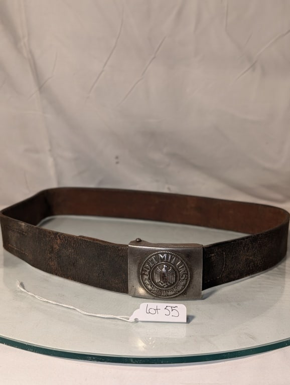 WWII German Leather Belt w/ Buckle: WWII German Leather Belt w/ Buckle. Army eagle, insignia and "Gott Mituns (meaning God is with us)" on buckle. Initials written on inside of belt "RL". All in tact, Shows wear from age and use. 