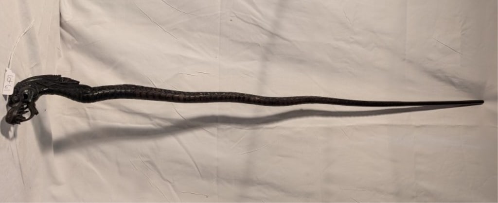 Vtg Dragon Walking Stick / Cane - Scale Design: Vtg Dragon Walking Stick / Cane - Scale Design throughout. Hand carved wood. Open mouth w/ tongue. Intricate design. Near mint condition. Meas. 46 1/2" x 4" at widest point x 2"d.