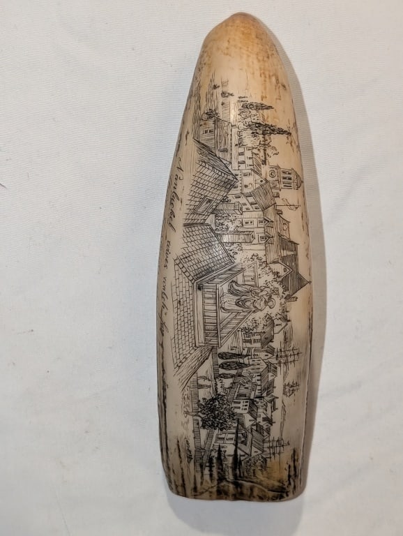 Whale's Tooth Scrimshaw - Nantucket Wives...: Whale's Tooth Scrimshaw - Nantucket Wives Watch for Their Husband's Ships" Scene. Titled etched on side. Reproduction. Nantucket Whaling Museum. Meas. 7"h x 2"w x 1/2"l.