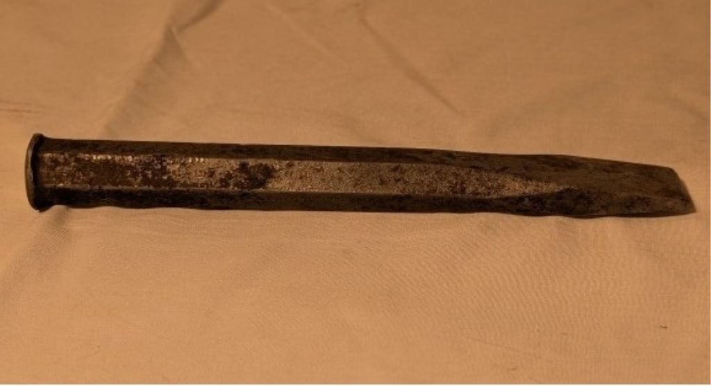 Antique Railroad Spike - York PA - Used: Antique Railroad Spike - York PA - Used. Shows heavy wear, hammer marks. Meas. 7"l x 3/4"r at top.