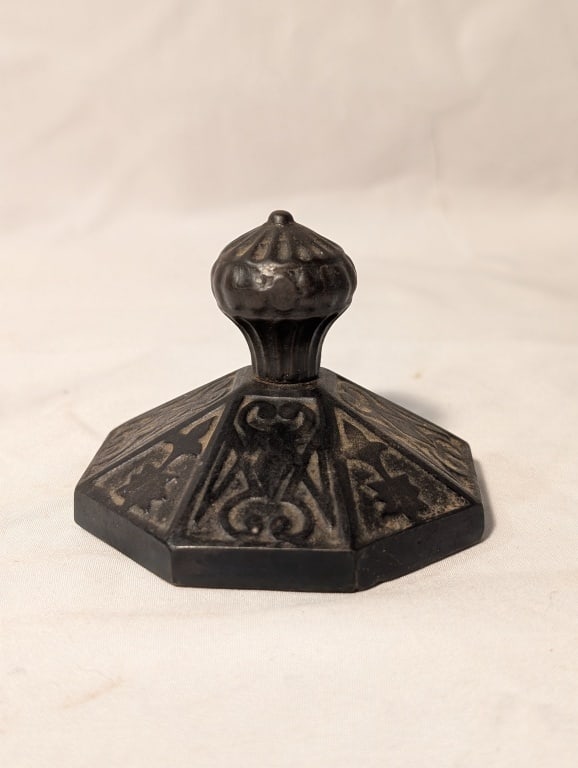 Paperweight / Ink Blotter - Antique Cast Iron: Paperweight / Ink Blotter - Antique Cast Iron. Intricate design on base. Finial for handle. Meas. 3"h x 3"w x 2 1/2"d.