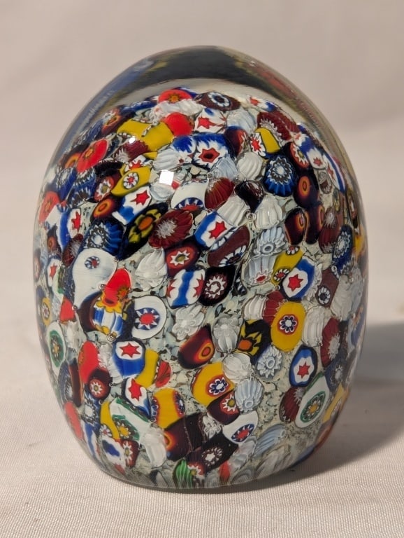 Millifiori Paperweight - Gentile Glass: Millifiori Paperweight - Gentile Glass. Stamped on bottom. Star City, WV. Flower burst design. Meas 2 1/2"h x 2"r. Mint condition.