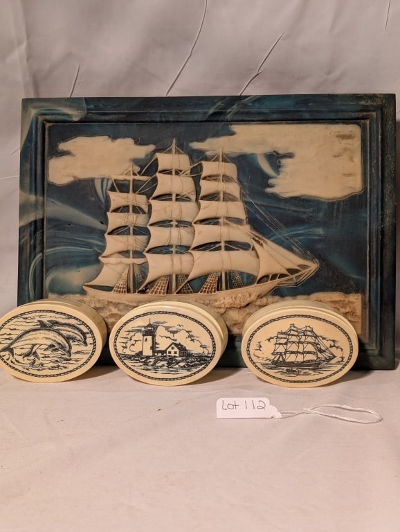 1960s Cigar & Trinket Boxes - Incolay / Soapstone: 1960s Cigar & Trinket Boxes -Dante Incolay / Soapstone. Cigar/Vanity box has Incolay clipper ship design w blue sea background. Meas. 12 1/2" x 9" x 2". 3 soapstone oval trinket boxes w lids