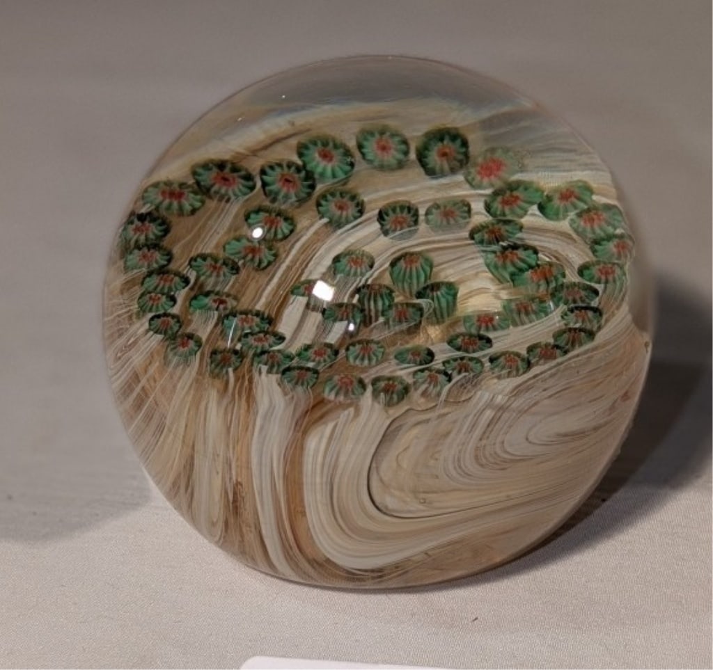 Sand Dune Paperweight - Gentile Glass: Sand Dune Base Design Paperweight w/ Floral Design by Gentile Glass, Star City, WV. Logo in raised relief on base Meas. 4" x 11"around.