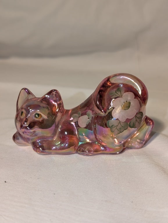 Pink Opalescence Cat Paperweight - A Farley Fenton: Pink Opalescence Cat Paperweight - Fenton Glass. Handpainted enamel floral accents by A. Farley. Meas. 2"h x 1 1/2"w x 3 1/2"l. Signed etched on bottom. Colorful nice piece.