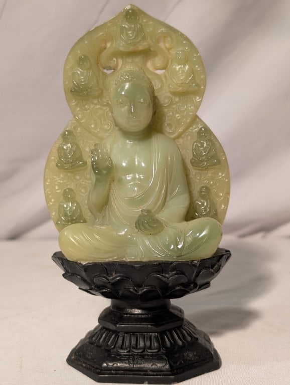 Buddha Immeasurable Light & Life - A Santini Italy: Buddha Immeasurable Light & Life - A Santini Italy. Faux Jade on wooden base. Meas. 7 1/2"h x 4 1/4"w x 3"l.