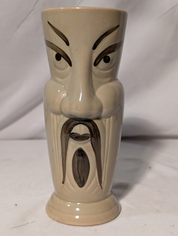 1960s Polynesian Clay Foo Manchu Tiki Mug: 1960s Polynesian Clay Foo Manchu Tiki Mug. Hand painted. Meas. 7 1/2"h x 3"r.