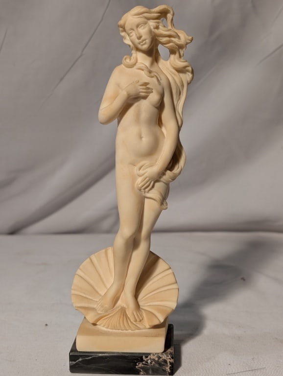 Venus - Oxolyte Statue, A. Santini, Italy: Venus (Michaelangelo) - Oxolyte Statue, A. Santini, Italy on black marble base. Inspired by the Sandra Botticelli painting "Birth of Venus". Original label on bottom. No additional paperwork. 