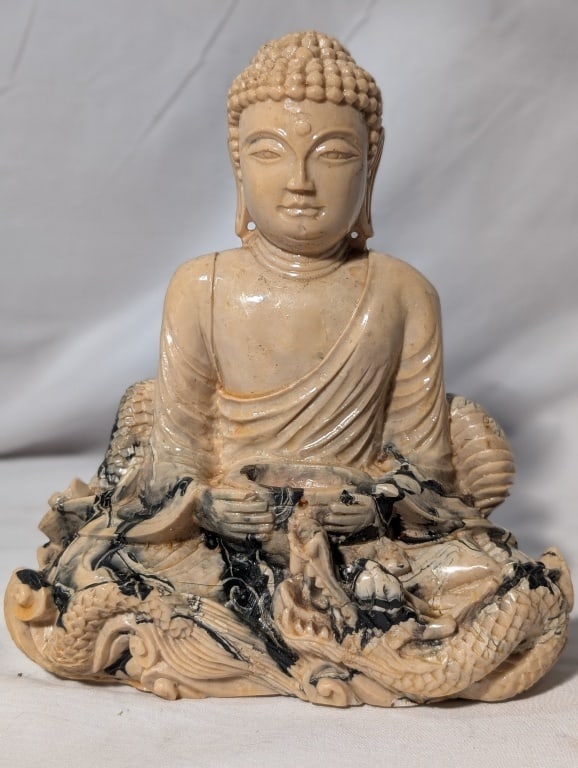 Buddha Deity Dragon Design w/ Incense Bowl: Buddha Deity Dragon Design w/ Incense Bowl. Open hands symbolizing enlightenment. Some staining on incense bowl, black coloration on lower part of statue. Some discoloration from use. . Meas.
