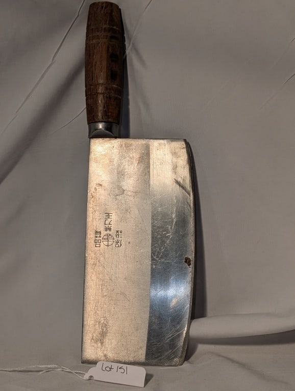 Cleaver w/ Wooden Barrel Handle - Chinese: Cleaver w/ Wooden Barrel Handle - Chinese. Has Chinese lettering maker's mark on blade. Blade shows wear, handle is patinated. Meas. 11 1/4"h x 3"w x 1"d.