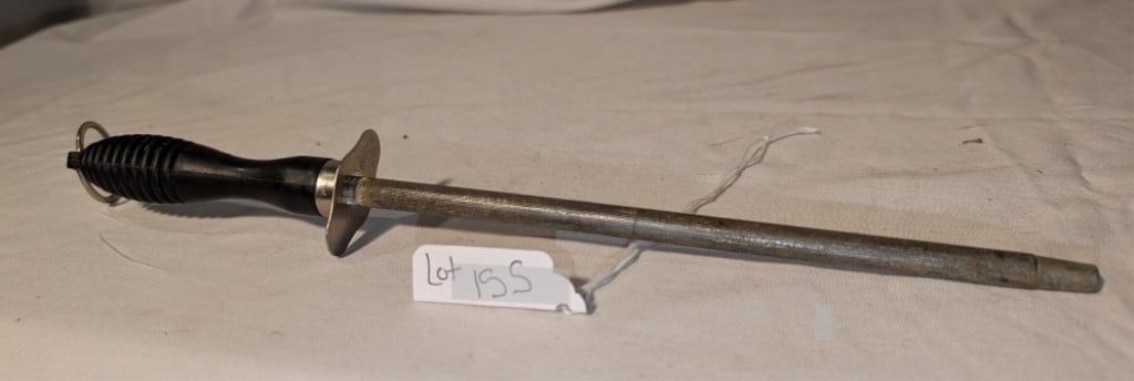 Knife Sharpener w/ Ribbed Handle, Hanging Ring: Steel Knife Sharpener w/ Black Ribbed Handle, Chrome Hanging Ring with Slip Guard. Shows some wear due to age. Meas. 11 1/2"h x 1 1/2"w x 1"d.
