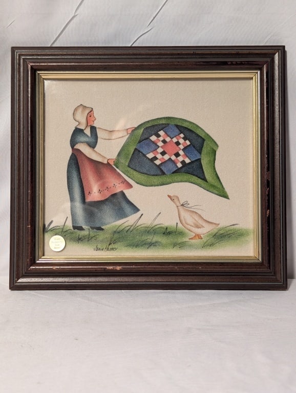 Lady w/ Quilt & Goose Framed Pic - Jean Henry: Lady w/ Quilt & Goose Framed Pic - Jean Henry. Hand painted, signed. Colonial folk art. Meas. 7 3/4"h x 8 3/4"w x 3/4"d .
