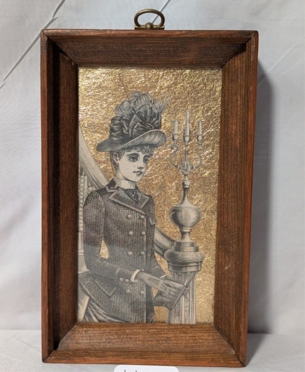 Victorian Lady Picture - Gold Leaf, Time Crafters: Victorian Lady standing by Staircase. Picture - Monochrome w/ Gold Leaf accents for Wall Paper. Time Crafters of Bangall label on reverse. In wooden frame. Meas. 8"h x 5 1/2"w x 1 1/2"d.