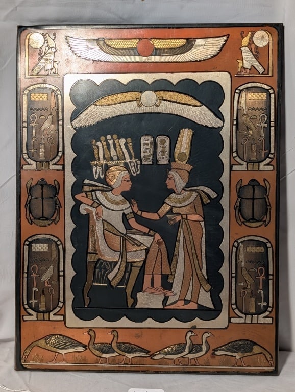 Egyptian Metallic Wall Hanging: Egyptian Metallic Wall Hanging. Detailed using various inlayed metals. Featuring Egyptian figures, birds ankhs, scarabs on wood. Meas. 14 3/4"h x 11 1/4"w x 1/2"d.
