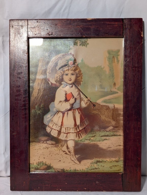 1878 Framed Print Girl w/ Parasol - Geo Stinson: 1878 Framed Print Girl w/ Parasol - Published by George Stinson, Portland ME.. In original wooden frame. Stamped in bottom right. Shows slight discoloration due to age. Picture is in tact. 
