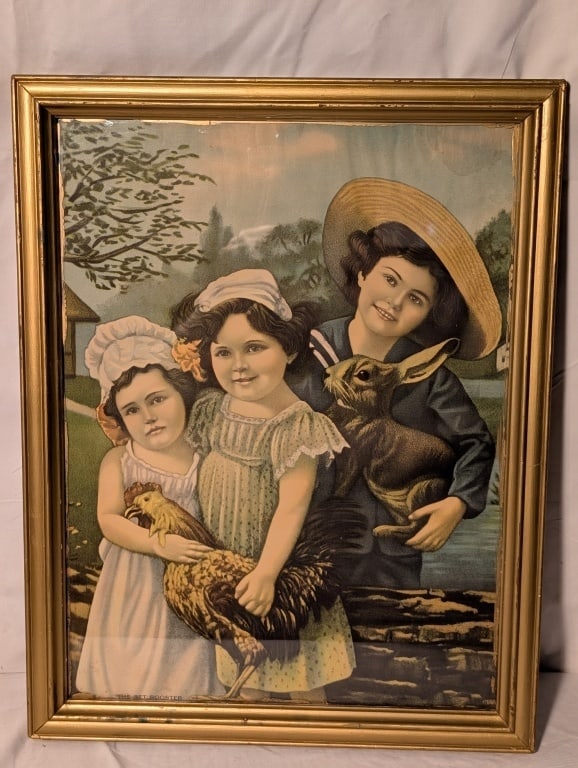 Antique German Lithograph "The Pet Rooster": Antique German Lithograph "The Pet Rooster". 3 children with their pet rooster. Label on reverse - C.O. Goodling. Gilded frame. Some paint from frame on glass. Some minor staining and warping of