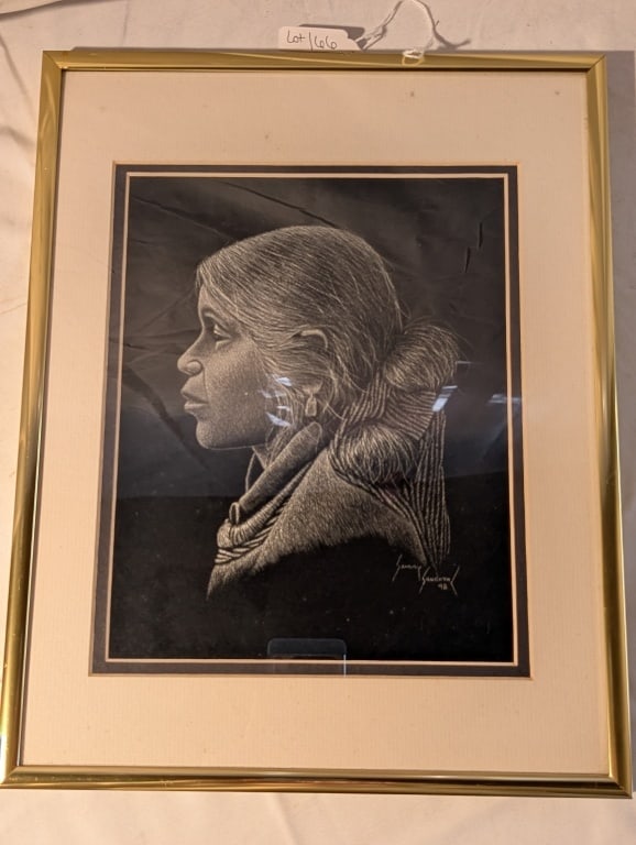 1998 Etching Navajo Indian Woman J Sandoval: 1998 Etching Native American Indian (Navajo) Woman in profile on black background. Navajo artist Jimmy Sandovalon scratchboard. New Mexico. Meas. 14"h 11"w. Signed.