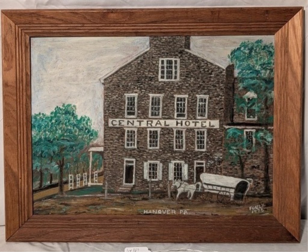 1976 Central Hotel Oil on Board - P. L. Foulk: 1976 Central Hotel Oil on Board Painting - Paul L. Foulk, Hanover, PA. No glass, original wood frame. The hotel was a central point for the Union Cavalry in 1863. Very nice piece. Signed on