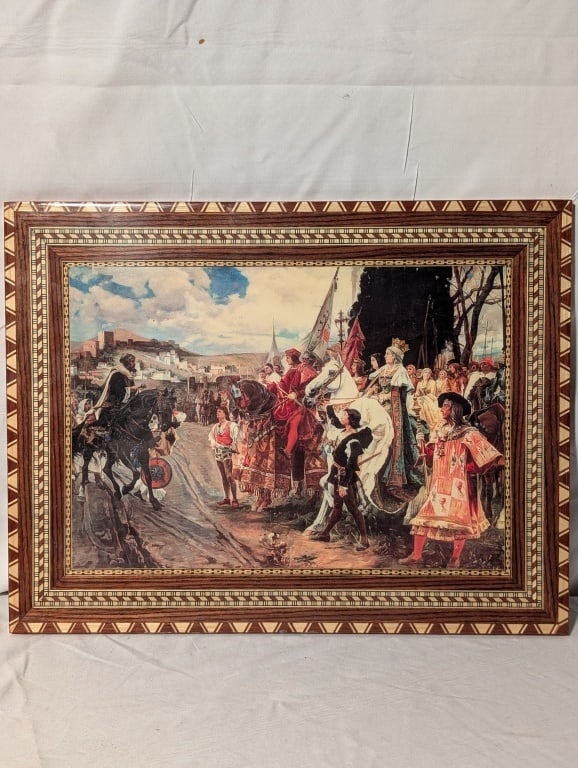 "Surrender of Granada" Mosaic on/ Wood M. Laguna: "Surrender of Granada" Mosaic Inlay on/ Wood by Miguel Laguna after the original by Francisco Pradlla Ortiz. Nicely famed. Very nice condition, Meas.11 3/4"h x 15 1/2"w.
