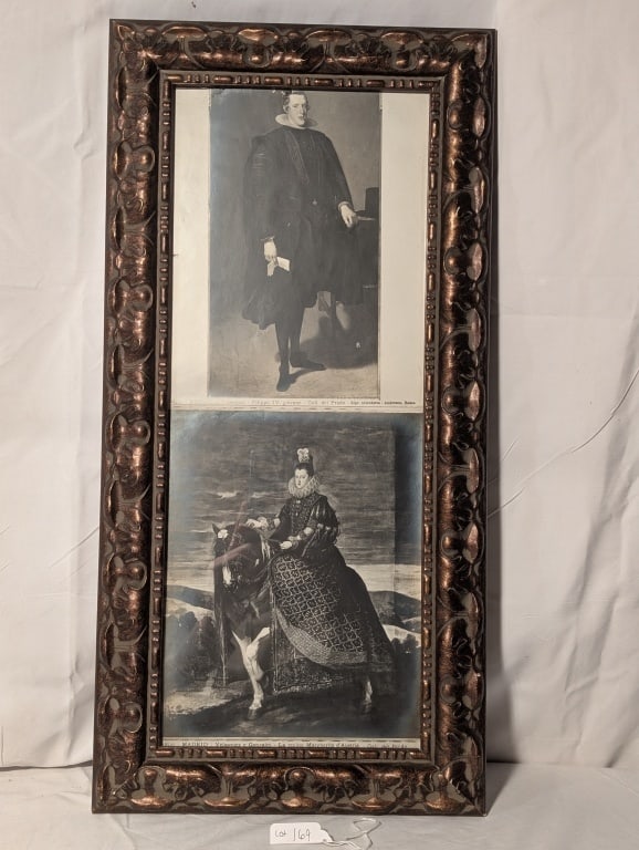 Photos Margarita of Austria Philip IV of Spain: Photos Queen Margarita of Austria (1584-1611) and son King Philip IV of Spain (1605-1665). - Royal family photos based on the portraits by Velasquez. Baroque style, In ornate frame. Black &