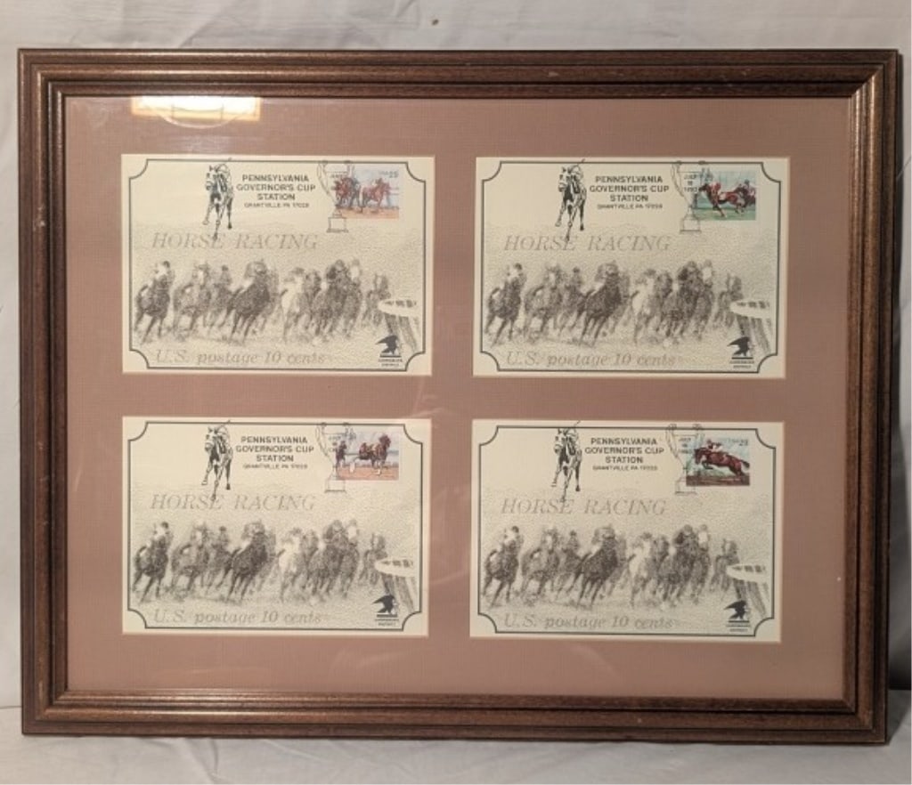 1997 4 Postcards w/ Stamps PA Governors Cup Framed: 1997 Postcards w/ Stamps Pennsylvania Governor's Cup (horse racing) at Grantville, PA. First day covers. Different scenes in each postcard. Cancelled (w/ Governor's Cup) 29 cent stamps w/