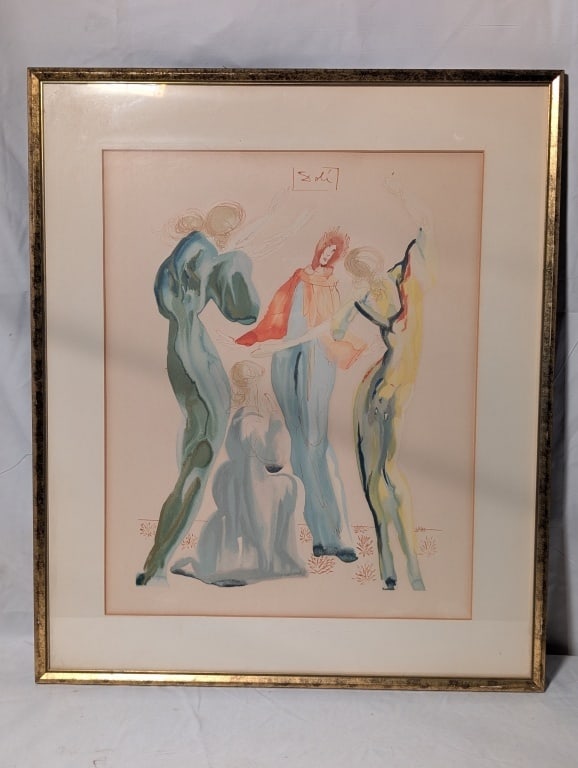 "La Danse" - S. Dali Signed / Framed Lithograph: "La Danse" - Salvador Dali Signed / Framed Lithograph. Hand written on n back "La Danse, an original hand carved wood engraving". Gold frame. Meas. 23 3/4"h x 20"w. Note: line going across in