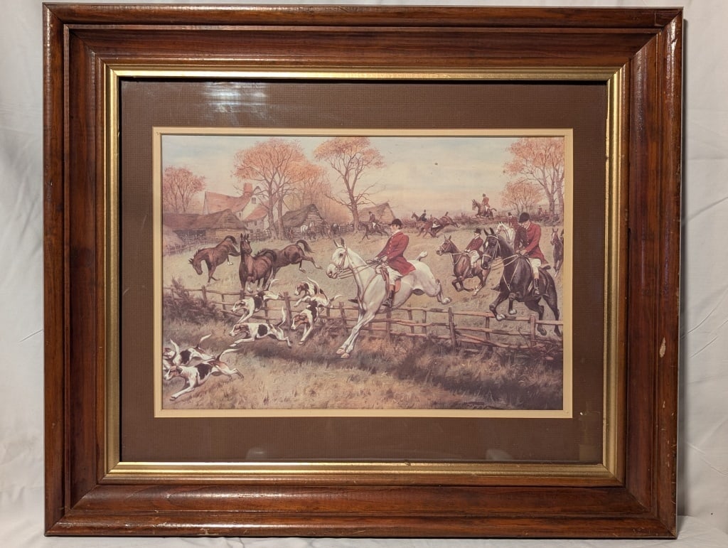 Victorian Hunting Print Signed & Framed - G Wright: Victorian Hunting Print Signed & Framed - George Wright. In wood frame. Frame shows minor wear and some chips. Meas. 20 1/4"h x 24 1/4"w.