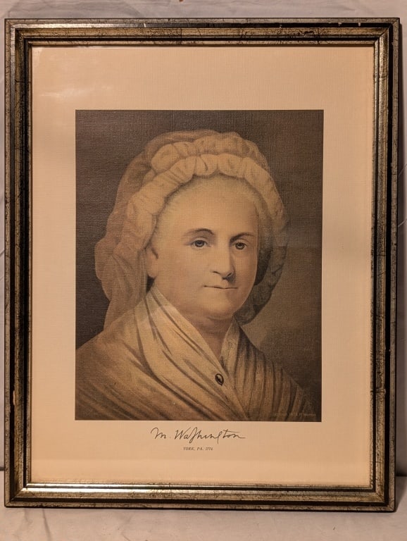 1973 Martha Washington Litho (1776) P. Morten: 1973 Martha Washington Lithograph from original portrait (1776) w/ her signature at bottom. York. PA 1776. P. Morten. Framed. Meas. 15 1/4"h x 12'w x 1"d.