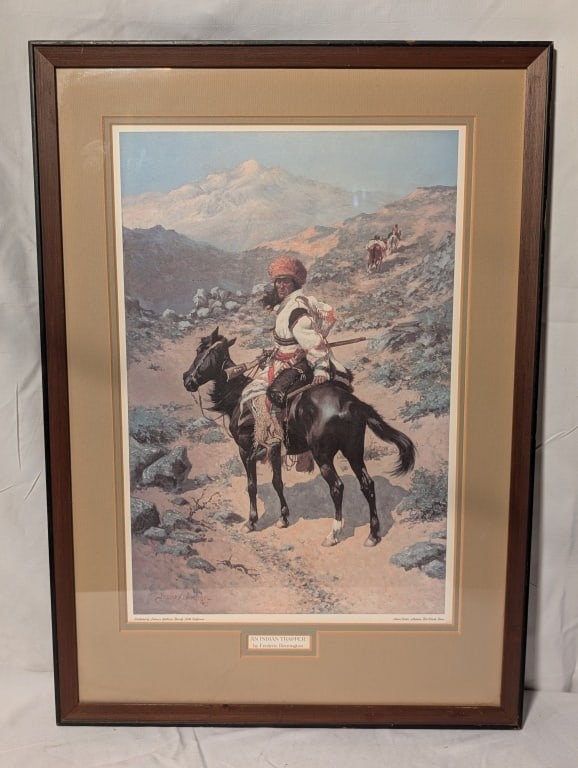 "An Indian Trapper" by. Remington Framed Print: "An Indian Trapper" by Frederic Remington nicely Framed Print. Has Remington's signature '89 at bottom left of picture. Published by Petersen Galleries, Beverly Hills, CA. on bottom left, Amon Carter