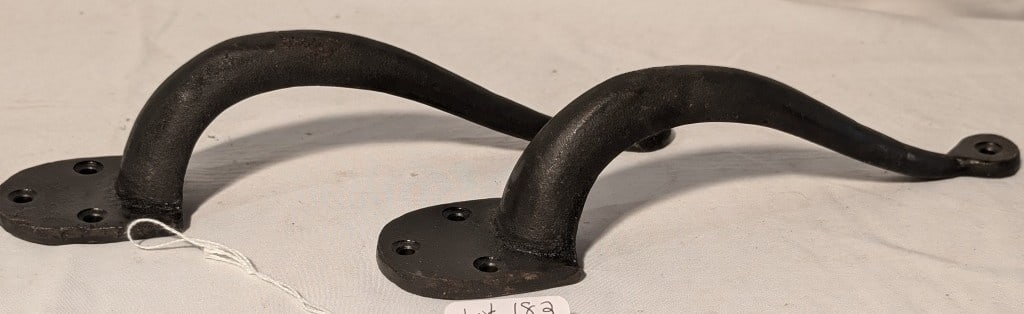 Antique Door / Pull Handles (Pair) - Cast Iron: Antique Door / Pull Handles (Pair) - Cast Iron. 3 screw holes on top, one at bottom. Rounded top, small circular bottom. Wide arch, nice patina. Meas. 9 1/4" x 4 1/2" x 2 1/2".