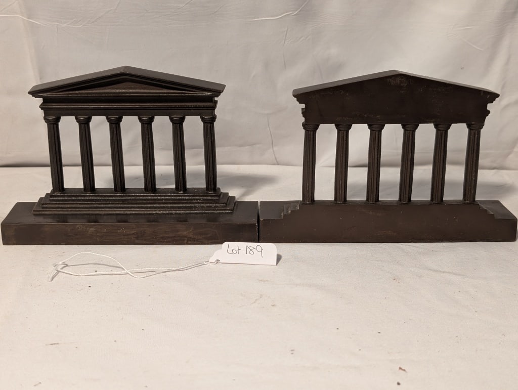 Cast Iron Greek Parthenon Bookends, B&H: Cast Iron Greek Parthenon Bookends / Door Stops. Black patina. Bradley & Huber Early 20c. Meas. 4 1/2"h x 7"w x 1 3/4"d.