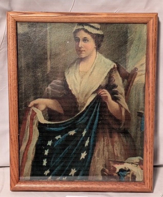 Betsy Ross Portrait w/ Flag - Litho on Canvas: Betsy Ross Portrait w/ Flag - Lithograph on Canvas. From the painting by C.H. Weisgerber (1893). Wooden frame. Meas. 11"h x 8 3/4"w x 1 1/2"d.