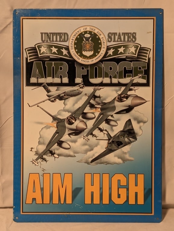 2001 Metal Air Force Promo Ad Sign - "Aim High": 2001 Metal / Tin Air Force Promotional Advertising Sign - "Aim High". Airwaves, Lic. by KCG Inc. Vivid colors. Shows some scratches. 16 3/4"h x 11 3/4"w.