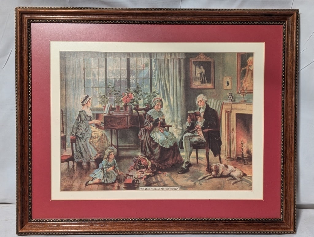 "Washington at Mt.Vernon", Framed Print: "Washington at Mt.Vernon", Framed Print. Nicely framed. Nice condition. Back is sealed w/ duct tape. Meas. 12 14/"h x 15"w x 1"d.