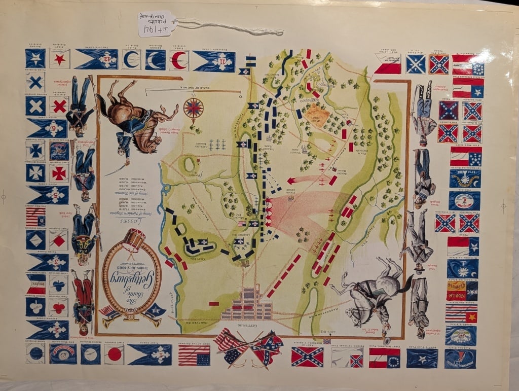 Pickett's Charge Map - Gettysburg - Plastic Poster: Pickett's Charge Map - Gettysburg, PA. July 3rd,1965. Plastic Poster. Shows some watermarks, creases. Meas. 23"w17"w x 1"d.