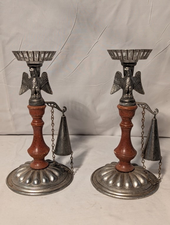 American Eagle Candlestick Holders (pair), snuffer: American Eagle Candlestick Holders (pair) with candle snuffers. Cast Aluminum, pewter and wood. Bottom shaft is wooden, top is an American Eagle, w/ reticulated round candlestick holder. Base is raise