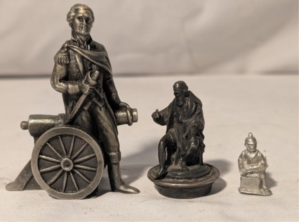 Metal Figurines- George Washington, Monk & Soldier: Metal Figurines George Washington, Monk, Soldier. George Washington by Hudson Pewter - marked on bottom. Last 1960s Bronze monk reading a book. Soldier is cast aluminum. First meas. 3"h x 1