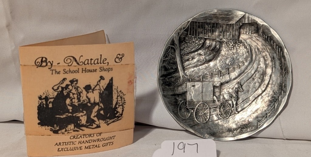 Coin Plate - Metal w/ Amish County Scene - Natale: Coin Plate - Metal w/ Amish County Scene - Natale w/ buggy and country road. By Natale. Leesburg VA Farm house in the distance. Handmade by Natale, Leesburg VA. Stamped on reverse. Includes