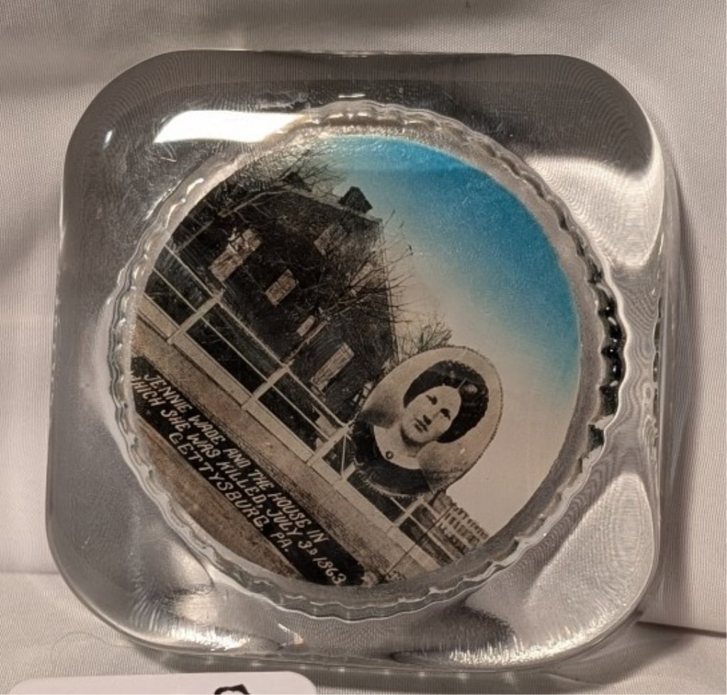Jenny Wade Paperweight 7/3/1863 Gettysburg, PA: Jenny Wade Paperweight. She is the only civilian killed in the battle of Gettysburg on 7/3/1863 in Gettysburg, PA. Shows her portrait and house in which she was killed. Meas. 3"r