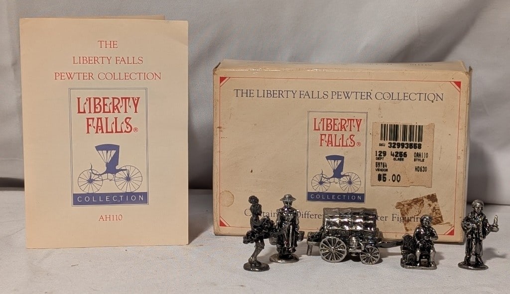 1996 Liberty Falls Pewter Collection w/ Box AH10: 1996 The Liberty Falls Pewter Collection in Original Cardboard Box. With Plastic Mold and Booklet. Model AH10. Features pioneer wagon, Stuart Bergman, Ruth Howard, Reverend Patrick Muir, Dance Hall Da