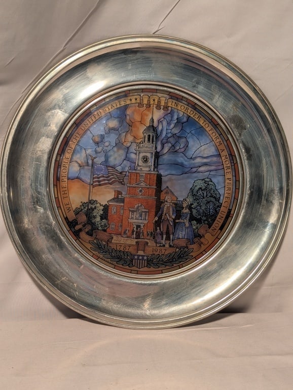 Bicentennial Jefferson Pewter Plate Stained Glass: 1987 Bicentennial of the Presidency Commemorative Plate. U. S. Historical Society. Jefferson Pewter Plate w/ Stained Glass Center. Has "We The People...".and Independence Hall (Phila) depicted