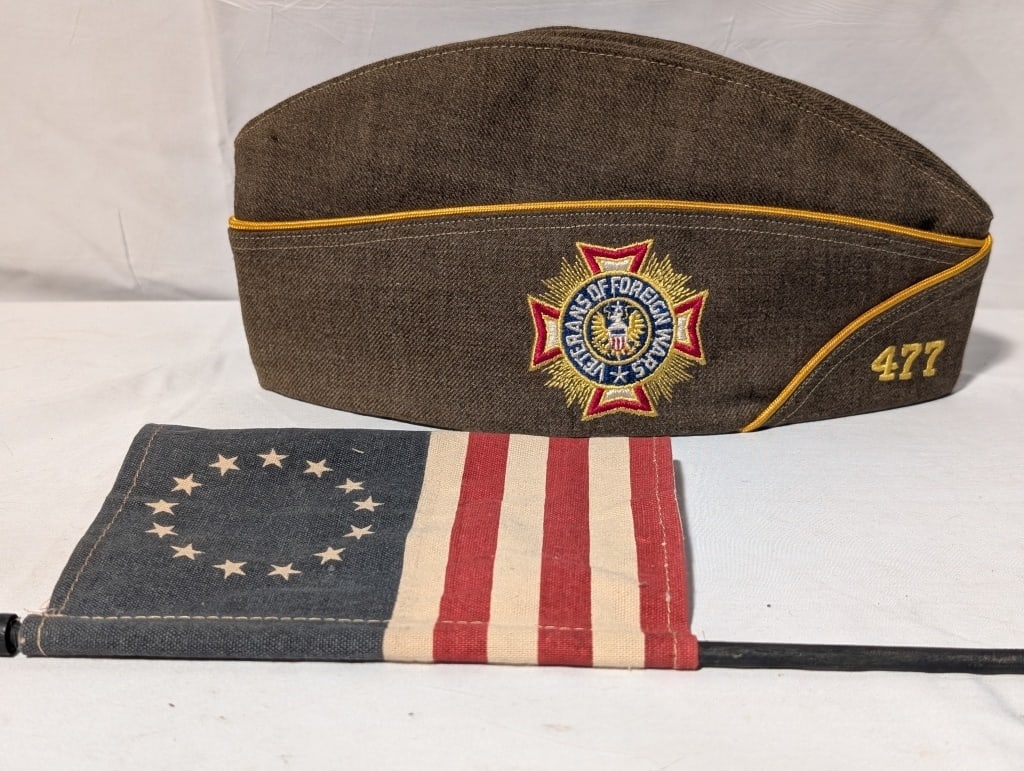 Veteran of Foreign Wars Hat 477 Carlisle PA & Flag: Post WWII, Veterans of Foreign Wars Hat 477 Carlisle PA w/ a small handheld American Flag. Has has VFW emblem and 477 embroidered on front. 13-Star Parade Handheld Flag w/ wooden stick