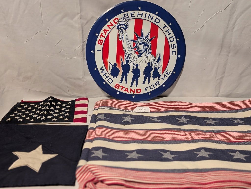 Patriotic Table Runner, Scarf, Flag, Tin Wall Art: Patriotic Grouping includes 2 Stars & Stripes Table Runners, Blue Scarf,w/ Star, and Tin Wall Art "I Stand Behind Those Who Stand For Me", circular in design w/ Statue of Liberty and silhouettes