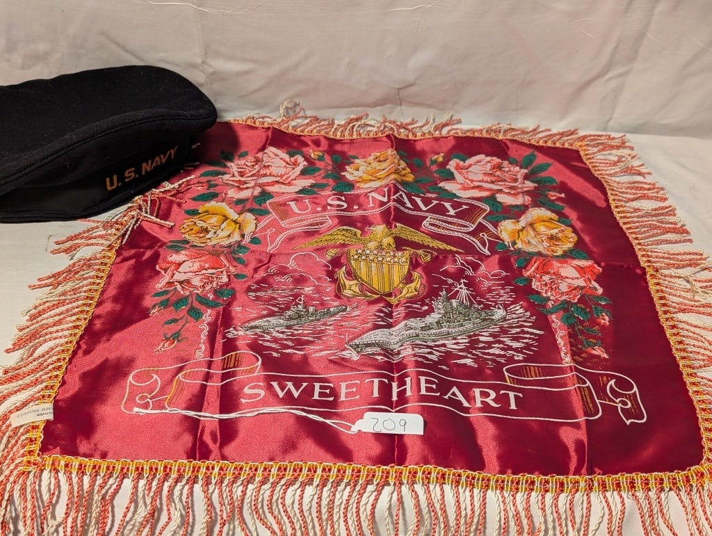 WWII Navy Hat and US Navy Sweetheart Pillow Cover: WWII Navy Hat and US Navy Sweetheart Pillow Cover. Hat is standard issue uniform, wool. Pillow cover is red satin eagle center and floral design with red/white/gold fringe."US Navy Sweetheart".